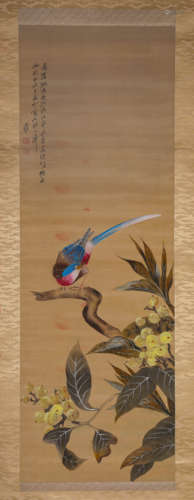 BIRD, INK AND COLOR ON SILK, HANGING SCROLL, ZHANG DAQIAN