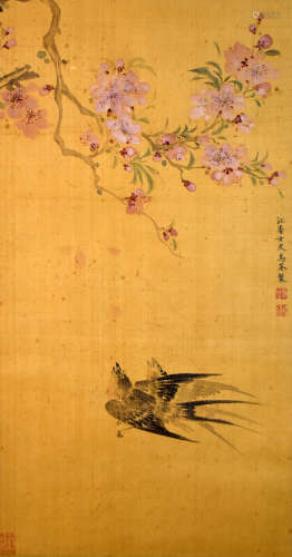 SWALLOW, INK AND COLOR ON SILK, HANGING SCROLL, MA QUAN