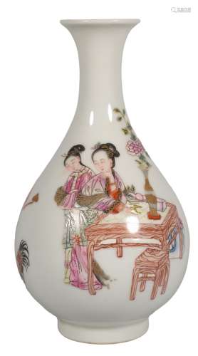 A FAMILLE ROSE FIGURE STORY PEAR-SHAPED VASE
