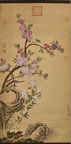 FLOWER, INK AND COLOR ON SILK, HANGING SCROLL, LIN CHUN