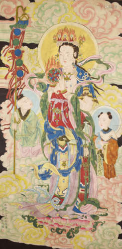 GUANYIN, INK AND COLOR ON SILK, MOUNTED, DING GUANPENG