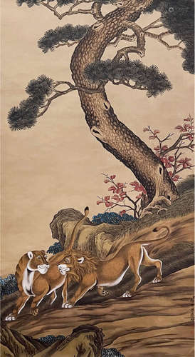 LIONS, INK AND COLOR ON PAPER, HANGING SCROLL, LANG SHINING