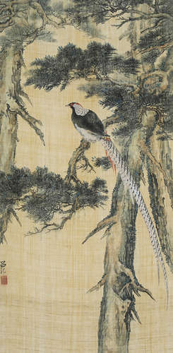 PHEASANT, INK AND COLOR ON SILK, MOUNTED, LV JI