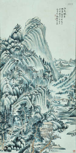 LANDSCAPE, INK AND COLOR ON PAPER, HANGING SCROLL, FENG CHAO...