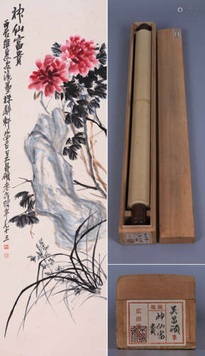 FLOWERS, INK AND COLOR ON PAPER, HANGING SCROLL, WU CHANGSHU...