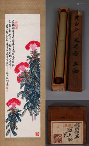 FLOWERS, INK AND COLOR ON PAPER, HANGING SCROLL, QI BAISHI