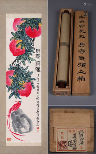 BIRD AND PEACHES, INK AND COLOR ON PAPER, HANGING SCROLL, QI...