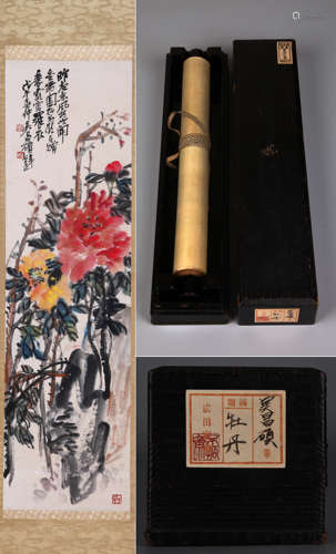 FLOWERS, INK AND COLOR ON PAPER, HANGING SCROLL, WU CHANGSHU...