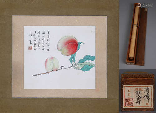 PEACHES, INK AND COLOR ON PAPER, HANGING SCROLL, PU RU