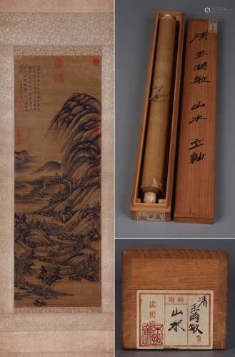 LANDSCAPE, INK AND COLOR ON SILK, HANGING SCROLL, WANG SHIMI...