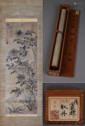 PEONY, INK ON SILK, HANGING SCROLL, JIN TINGBIAO