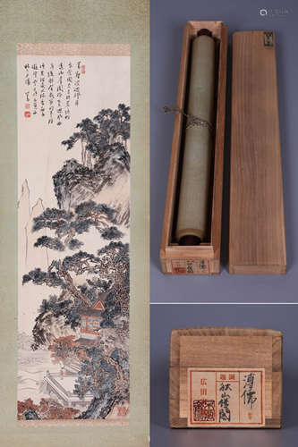 LANDSCAPE, INK AND COLOR ON PAPER, HANGING SCROLL, PU RU