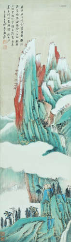 LANDSCAPE, INK AND COLOR  ON PAPER,HANGING SCROLL, ZHANG DAQ...