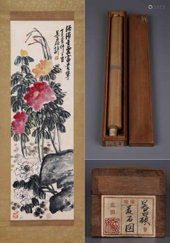 FLOWERS, INK AND COLOR ON PAPER, HANGING SCROLL, WU CHANGSHU...