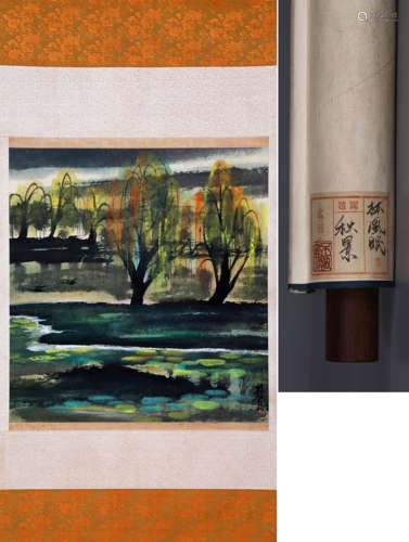 LANDSCAPE, INK AND COLOR ON PAPER, HANGING SCROLL, LIN FENGM...