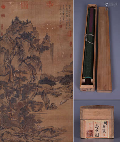 LANDSCAPE, INK AND COLOR ON SILK, HANGING SCROLL, TANG YIN