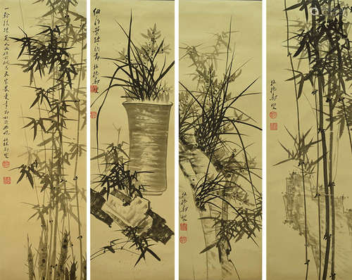 FOUR PIECES
OF BAMBOO, INK AND COLOR ON PAPER, HANGING SCROL...