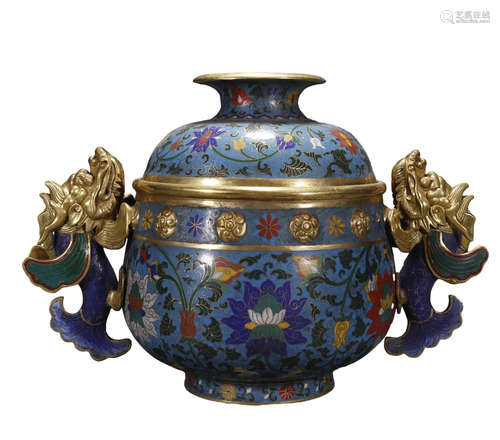 A CLOISONNE ENAMEL
 DOUBLE-DRAGON-EAR CENSER