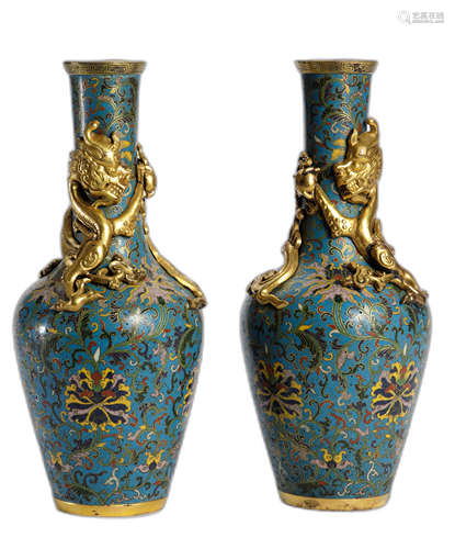 A PAIR OF CLOISONNé-ENAMEL FLOWER AND DRAGON VASES