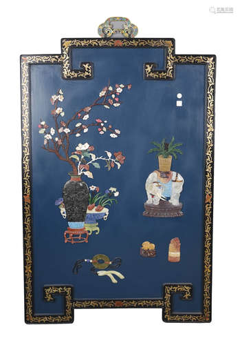 A BLUE-GROUND HARD STONE- INLAID ANTIQUES HANGING PANEL