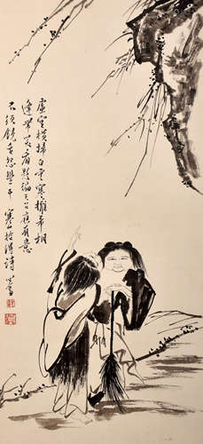 TWO IMMORTALS, INK ON PAPER, HANGING
 SCROLL, PU RU