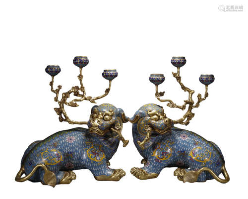 A PAIR OF CLOISONNE ENAMEL LION CANDLESTICKS