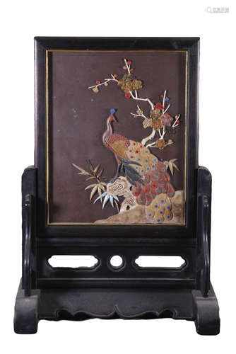 A QIYANG STONE HARDSTONE- INLAID PEACOCK TABLE SCREEN