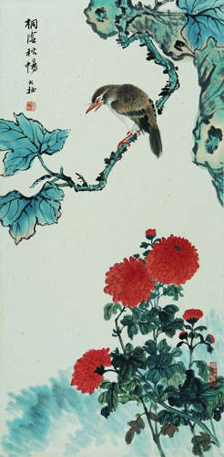 FLOWER AND BIRD, INK AND COLOR ON PAPER, HANGING SCROLL, ZHA...