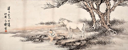 FIGURE AND HORSE, INK ON PAPER, HANGING
 SCROLL, ZHAO SONGSH...