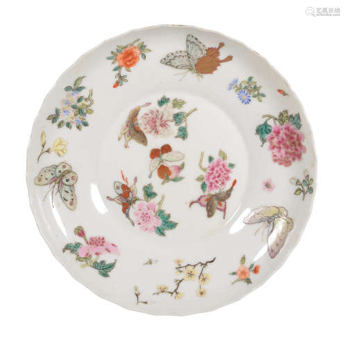 A FAMILLE ROSE FLOWER AND BUTTERFLY LOBED DISH