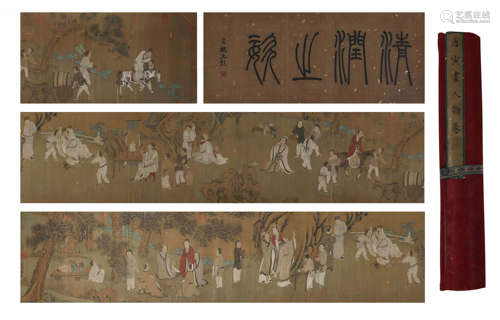 FIGURES, INK AND COLOR ON SILK, HANDSCROLL, TANG YIN