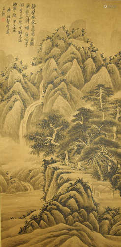 LANDSCAPE, INK AND COLOR ON PAPER, HANGING SCROLL, GONG XIAN