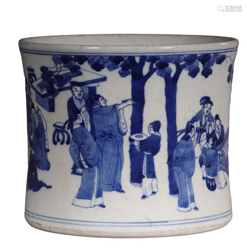 A BLUE AND WHITE FIGURES BRUSH POT