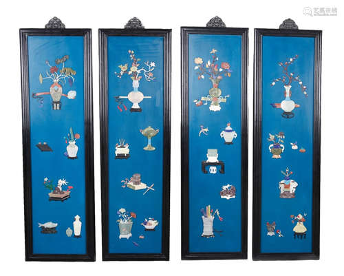 FOUR BLUE-GROUND ANTIQUES HANGING PANELS