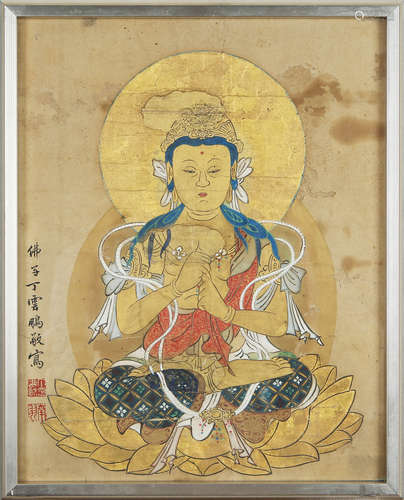 BUDDHA, INK AND COLOR ON PAPER, MOUNTED AND FRAMED, DING YUN...