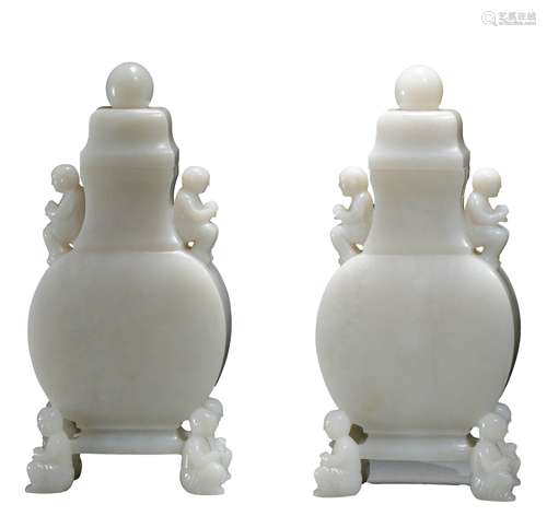 A PAIR OF WHITE JADE BOTTLES