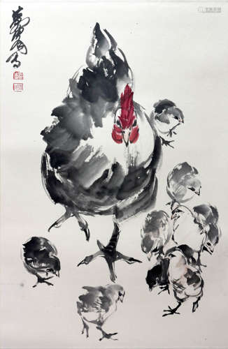 A HEN AND CHICKS, INK AND COLOR ON PAPER, MOUNTED, HUANG ZHO...