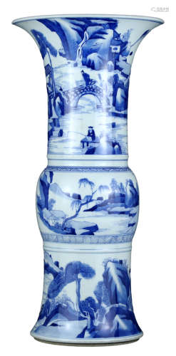 A BLUE AND WHITE LANDSCAPE AND FIGURES ‘PHOENIX-TAIL’ VASE
