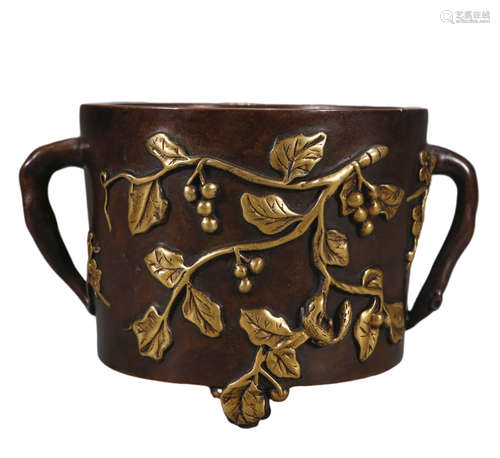 A COPPER FLOWER DOUBLE-EAR CENSER