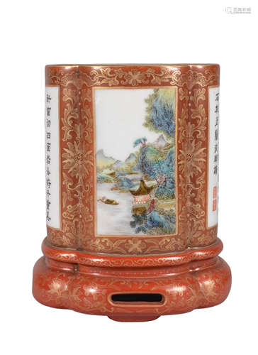 A RED-GROUND GILT-DECORATED FAMILLE-ROSE LANDSCAPE BRUSHPOT