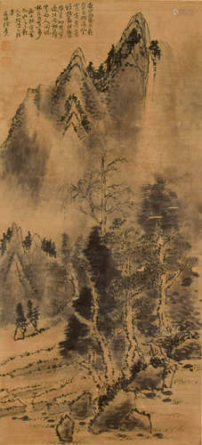 LANDSCAPE, INK AND COLOR ON PAPER, HANGING SCROLL, SHI XI