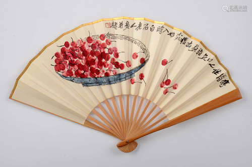 CHERRIES, INK AND COLOR ON PAPER, FOLDING FAN, QI BAISHI