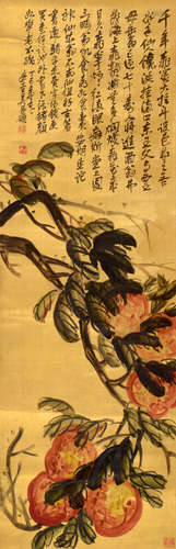 WU CHANGSHUO, PEACH PAINTING ON SILK, HANGING SCROLL