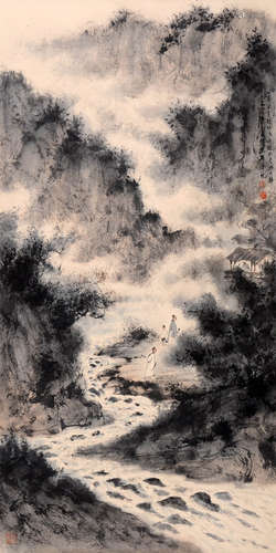 LANDSCAPE, INK ON PAPER, HANGING SCROLL, FU BAOSHI