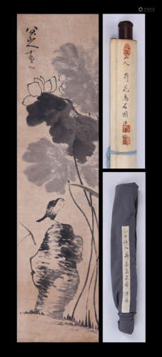 LOTUS AND BIRD, INK ON PAPER, HANGING SCROLL, BADA SHANREN