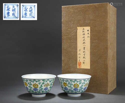 A PAIR OF DOUCAI WRAPPED FLOWERS BOWLS