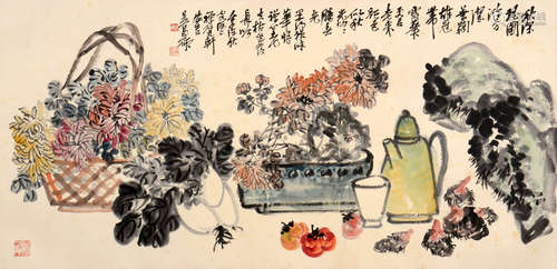 WU CHANGSHUO, CHRYSANTHEMUM AND WINE PAINTING ON PAPER, MOUN...