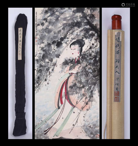 LADY, INK AND COLOR ON PAPER, HANGING SCROLL, FU BAOSHI