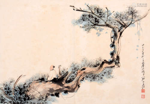 ZHANG DAQIAN, SCHOLAR PAINTING ON PAPER, MOUNTED