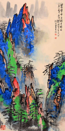 LANDSCAPE, INK AND COLOR ON PAPER, HANGING SCROLL, LIU HAI’S...